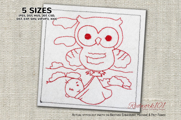 Cute Cartoon Baby and Owl Redwork